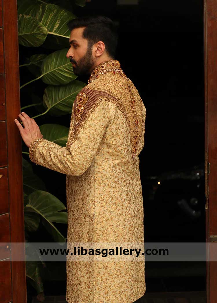 Premium Jamawar Gold Sherwani for Groom
